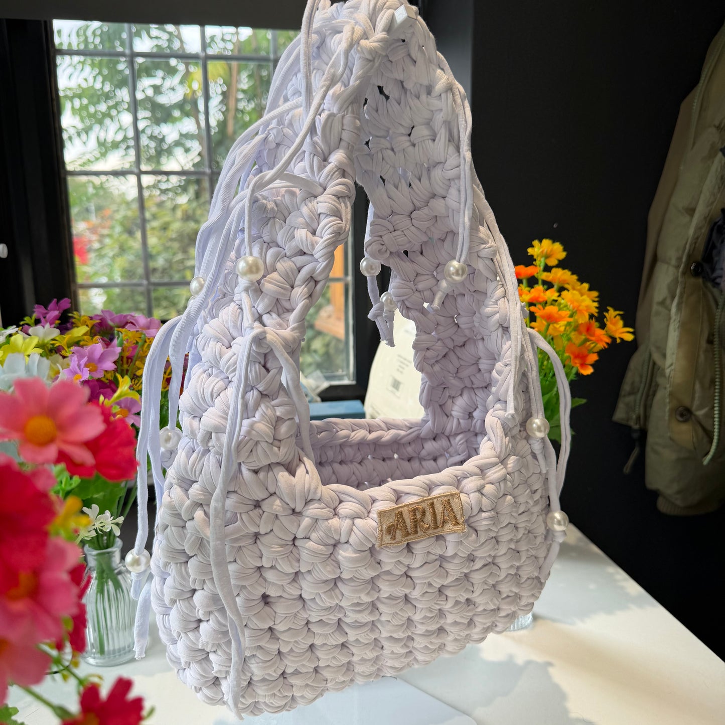 New style white bubble shoulder bag with pearls